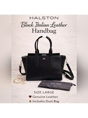 Halston Black Italian Leather Tote Handbag Large Structured Satchel $495 Retail